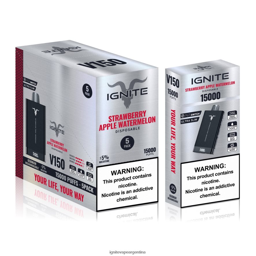 Ignite Vape Argentina - 8NZ28T91 IGNITE V150 paquete de 5 bolígrafos vaporizadores sandía manzana fresa